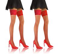 sesto senso 2 paires Bas Autofixant Résille Dentelle Sexy Sous-vêtements Femme 3/4 M-L Rouge