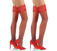 sesto senso Bas Autofixant Dentelle avec Silicone 15 DEN Paquet de 2 Collant Sexy Sous-vêtements Femme 3/4 M-L Rouge 2