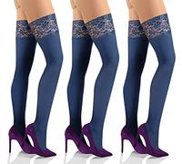 sesto senso Bas Autofixant Femme Opaque 50 Deniers Microfibre Dentelle avec Silicone Sexy lot de 3 collants Bleu 3/4 Marine