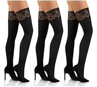 sesto senso Bas Autofixant Femme Opaque 50 Deniers Microfibre Dentelle avec Silicone Sexy lot de 3 collants 1/2 Noir