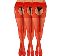 sesto senso Collant Ouvert 3 paires Femme Sexy 15 Den Bas Pour Porte-Jarretelles Trou Entrejambe 3 Rouge