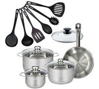 Set 1 poêle 24 cm en inox et 1 couvercle verre, 3 faitouts inox 16, 20 et 24 cm et 6 ustensiles RPET Fackelmann Eterna