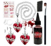 Set 19 Accessoire Vampire Femme - Faux Sang avec Dracula Bijoux Halloween Collier Vampire y Boucles d'oreilles,Fausse Cicatrice Tatouages,Peinture Blanche et Eponge,Pinceau,pour Halloween Cosplay