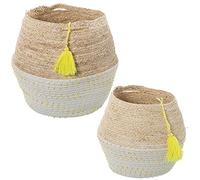 SET 2 CESTOS HOJAS MAÍZ/ALGODÓN C/LUNARES AMARILLOS Y BORLA °28X36+°23X29CM