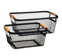 Set 2 paniers de rangement multiusage métal noir et bois 33x21x14cm
