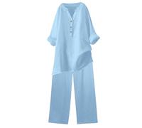 Set 2 Pièces Tunique Longue Manches Décontractée Uni en Coton et Lin Chemise Et Short Et Cordon De Serrage Réglable Costume en Coton Et Lin été Décontracté élégant Vacances Plage