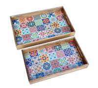 Set 2 Plateaux Bois de manguier et résine, Motif Carreaux de Ciment colorés, Longueur 43 cm (Grand)