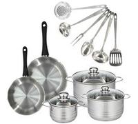 Set 2 poêles 20 24 cm, 3 faitouts 16, 20 et 24 cm en inox et 6 ustensiles inox Geneva Fackelmann