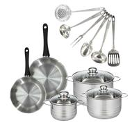 Set 2 poêles 20 24 cm, 3 faitouts 16, 20 et 24 cm en inox et 6 ustensiles inox Geneva Fackelmann