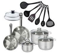 Set 2 poêles 20 24 cm en inox, 2 couvercles verre, 3 faitouts inox 16, 20 et 24 cm et 6 ustensiles RPET Fackelmann Eterna inox