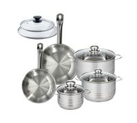 Set 2 poêles 20 24 cm en inox et 2 couvercles verre, 3 faitouts inox 16, 20 et 24 cm Fackelmann Eterna