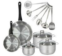 Set 2 poêles 20 28 cm, 3 faitouts 16, 20 et 24 cm en inox et 6 ustensiles inox Geneva Fackelmann