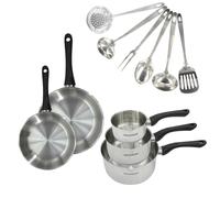 Set 2 poêles 20 et 24 cm, 3 casseroles en inox et 6 ustensiles inox Geneva Fackelmann