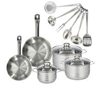 Set 2 poêles 20 et 24 cm en inox, 3 faitouts inox 16, 20 et 24 cm et 6 ustensiles inox Eterna Fackelmann