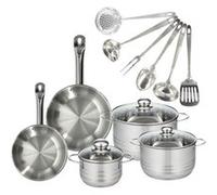 Set 2 poêles 20 et 24 cm en inox, 3 faitouts inox 16, 20 et 24 cm et 6 ustensiles inox Eterna Fackelmann