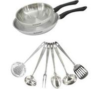 Fackelmann 9445050 Set 2 poêles 20 et 28 cm en inox 18/8, 6 ustensiles inox, Poêle tous feux, Poêle induction, Poêle sans PFAS, Acier inoxydable 18/8, 20 et 28 cm