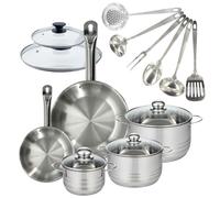 Set 2 poêles 20 et 28 cm en inox et couvercles, 3 faitouts inox 16, 20 et 24 cm et 6 ustensiles inox Eterna Fackelmann