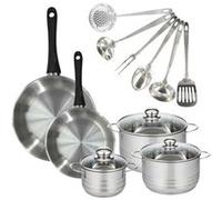 Set 2 poêles 24 28 cm, 3 faitouts 16, 20 et 24 cm en inox et 6 ustensiles inox Geneva Fackelmann