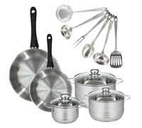 Set 2 poêles 24 28 cm, 3 faitouts 16, 20 et 24 cm en inox et 6 ustensiles inox Geneva Fackelmann