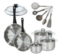 Set 2 poêles 24 28 cm avec couvercle, 3 faitouts 16, 20 et 24 cm en inox et 5 ustensiles Geneva Fackelmann