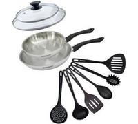 Set 2 poêles 24 et 28 cm en inox, couvercles verre et 6 ustensiles Fackelmann Geneva inox