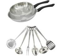 Fackelmann Set 2 Poêles Induction Tous Feux 24 et 28 cm en Inox 18/8, 6 Ustensiles Sans PFAS, Acier Inoxydable, Gris Brume
