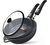 Set 2 Sauteuse Induction Anti Adhesive,Poêles 2 Poignées Amovibles 24/28 cm avec Couvercles en Verre,Fonte d'Aluminium,ILAG GRANITE