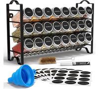 Set 24pcs - Deco Haus étagère à épices en métal à 3 niveaux avec 24 pots à épices, 48 étiquettes, brosse, entonnoir, crochets - (Noir)