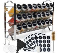 Set 24pcs - Deco Haus Support à épices à 3 niveaux avec 24 pots à épices, 48 étiquettes, brosse, entonnoir, crochets - (Chrome)