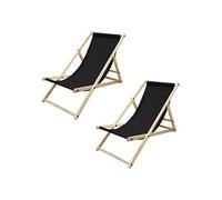 Set 2x Chaises Longue Pliante Bois de Pin, Noir, 120kg, Dossier Réglable à 3