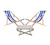 Set 2x chaises longues avec table basse en bois bleu rayé