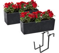 Set 2x jardinière balcon avec pot de fleurs aspect béton noir 56x19 H19,5cm + support métal noir