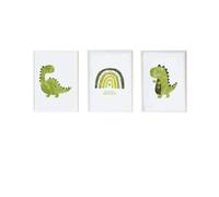 Set 3 Láminas infantiles formado por Lámina ilustracion dinosaurio verde, Lámina dinosaurio verde y Lámina arcoiris verde
