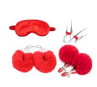 Set 3 pièces pour le sport, masque pour les yeux en satin doux - bracelet épais réglable en peluche - pince à boule en fourrure, kit pour le sport en couple (Rouge)
