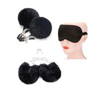 Set 3 pièces pour le sport, masque pour les yeux en satin doux - bracelet épais réglable en peluche - pince à boule en fourrure, kit pour le sport en couple (Noir 1)