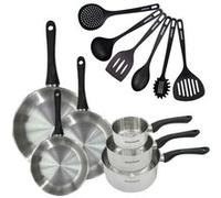 Set 3 poêles 20 24 et 28 cm 3 casseroles 12 16 et 20 cm en inox et 6 ustensiles Fackelmann Geneva