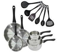 Set 3 poêles 20 24 et 28 cm 3 casseroles 12 16 et 20 cm en inox et 6 ustensiles Geneva Fackelmann
