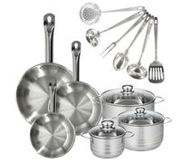 Set 3 poêles 20 24 et 28 cm en inox, 3 faitouts inox 16, 20 et 24 cm et 6 ustensiles inox Eterna Fackelmann