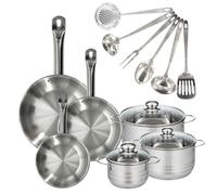 Set 3 poêles 20 24 et 28 cm en inox, 3 faitouts inox 16, 20 et 24 cm et 6 ustensiles inox Fackelmann Eterna