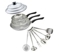 Set 3 poêles 20 24 et 28 cm en inox couvercles verre et 6 ustensiles inox Fackelmann Geneva