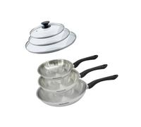 Fackelmann 9442150 Lot de 3 poêles 20, 24 et 28 cm en acier inoxydable 18/8 et 3 couvercles en verre, poêle à frire pour tous types de feux, induction, poêle sans PFAS, acier inoxydable 18/8, verre