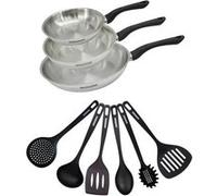 Set 3 poêles 20 24 et 28 cm en inox et 6 ustensiles Fackelmann Geneva inox