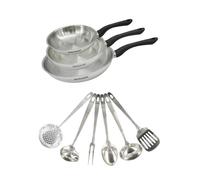 Fackelmann 9445250 Lot de 3 poêles 20, 24 et 28 cm en acier inoxydable 18/8, 6 ustensiles de cuisine, poêle pour tous types de feux, poêle à induction, sans PFAS en acier inoxydable 18/8, 20, 24 et 28
