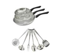 Set 3 poêles 20 24 et 28 cm en inox et 6 ustensiles inox Fackelmann Geneva
