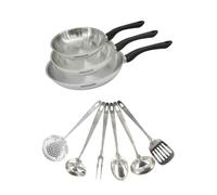Fackelmann 9445250 Set 3 poêles 20 24 et 28 cm en inox 18/8, 6 ustensiles inox, Poêle tous feux, Poêle induction, Poêle sans PFAS, Acier inoxydable 18/8, 20 24 et 28 cm