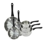 Fackelmann 9444050 Set 3 poêles 20 24 et 28 cm et 3 casseroles 12 16 et 20 cm en inox 18/8, Poêle tous feux, Poêle induction, Poêle sans PFAS, Casserole tous feux, Acier inox 18/8, 12 16 20 24 28 cm