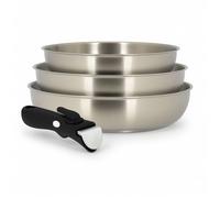 MENASTYL - Lot de 3 poêles inox 18/10 amovibles Iris Inox sans PFAS - Tous feux dont induction, four, réfrigérateur et lave-vaisselle - Empilables et résistantes - Poignée double sécurité