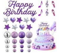 Set 32 Pièces Décoration Gâteau Boules Disco Violet, Topper Happy Birthday, Déco Gateau Anniversaire Rétro Kpop pour Soirée Karaoké, Mariage & DIY Cupcake