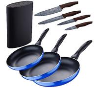 Set 3pc sarten aluminium pressé, induction, bleu marine paradise avec ensemble 4pc couteaux en acier inoxydable avec tacoma/bloc de couteaux