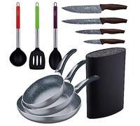Set 3pc sarten aluminium pressé, induction, noir soul marbre avec ensemble 3pc ustensiles de cuisine nylon avec Set 4pc couteaux acier inoxydable